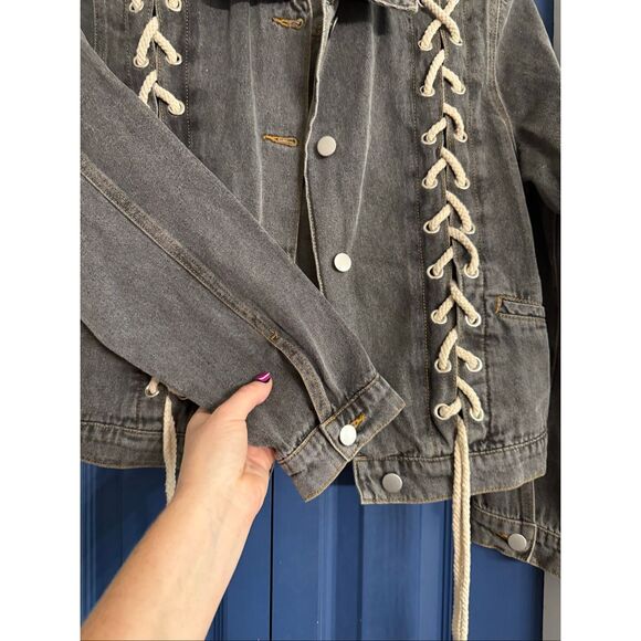 POL Washed Black/Grey Denim Laced Up Jacket Size S NEW - Picture 4 of 5